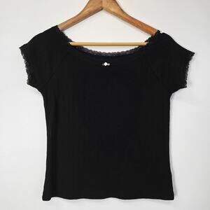 Aerie Seriously Soft Black Ribbed Lace Trim V-Neck Crop Top Small S